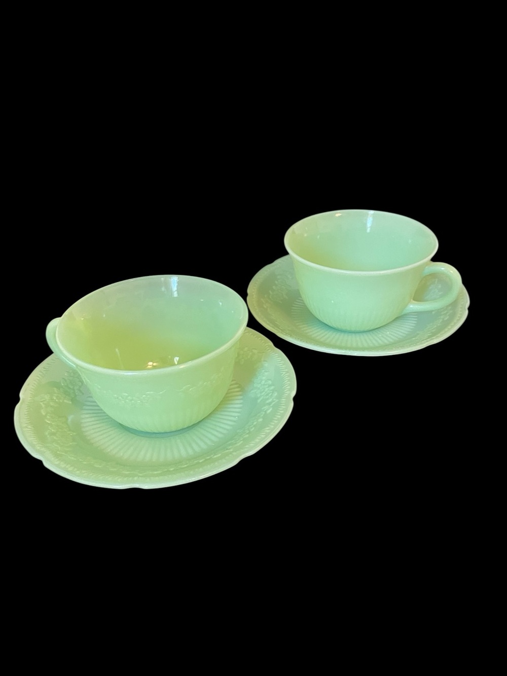 Vintage Jadeite Cups & Saucers Alice Pattern Set of 2 Anchor Hocking Fire King